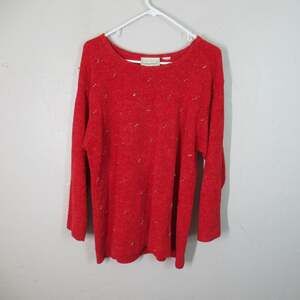 Fitting Image Sweater Women 14 16 Red Chenille Beaded Pullover Boat Neck LSlv